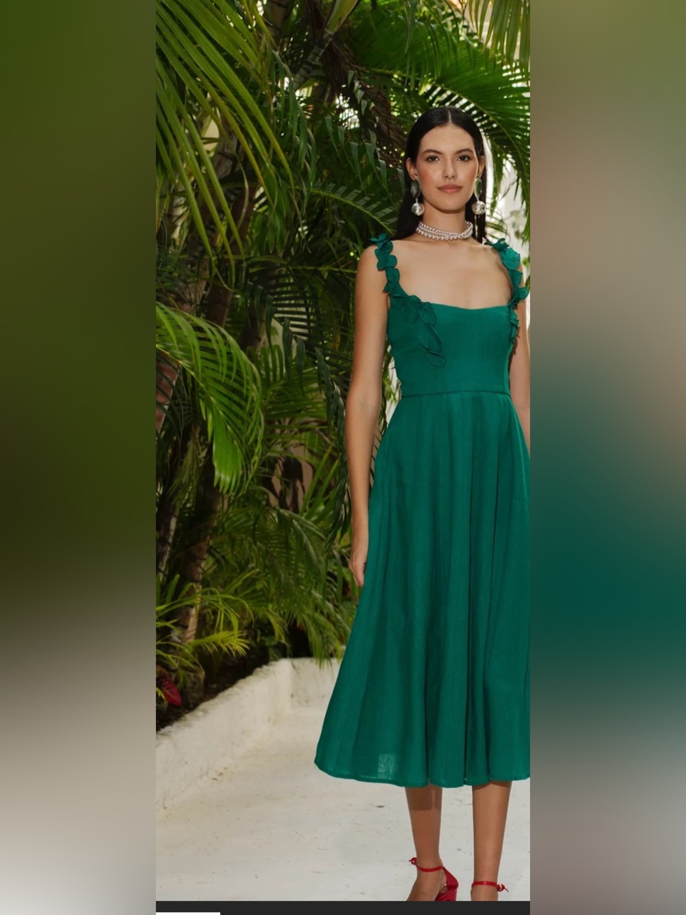 De Castro Green Linen Long Dress Leaf Appliqué Strappy Sleeveless Square
Neck XS